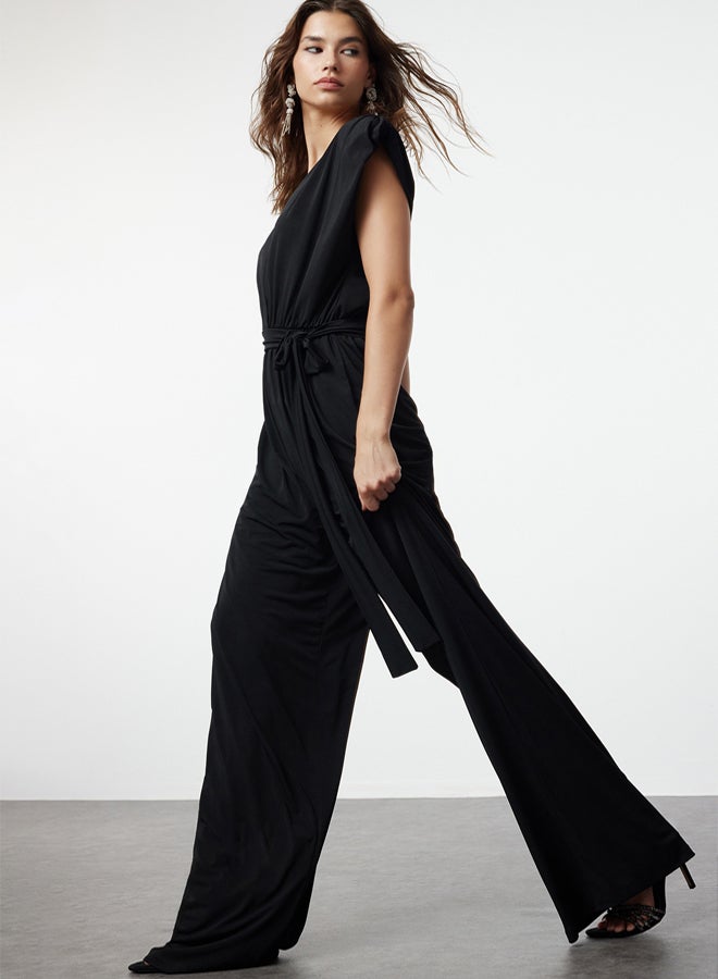 trendyol Black V Neck Belted Knitted Jumpsuit - Image 2