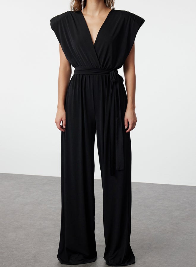 trendyol Black V Neck Belted Knitted Jumpsuit - Image 4