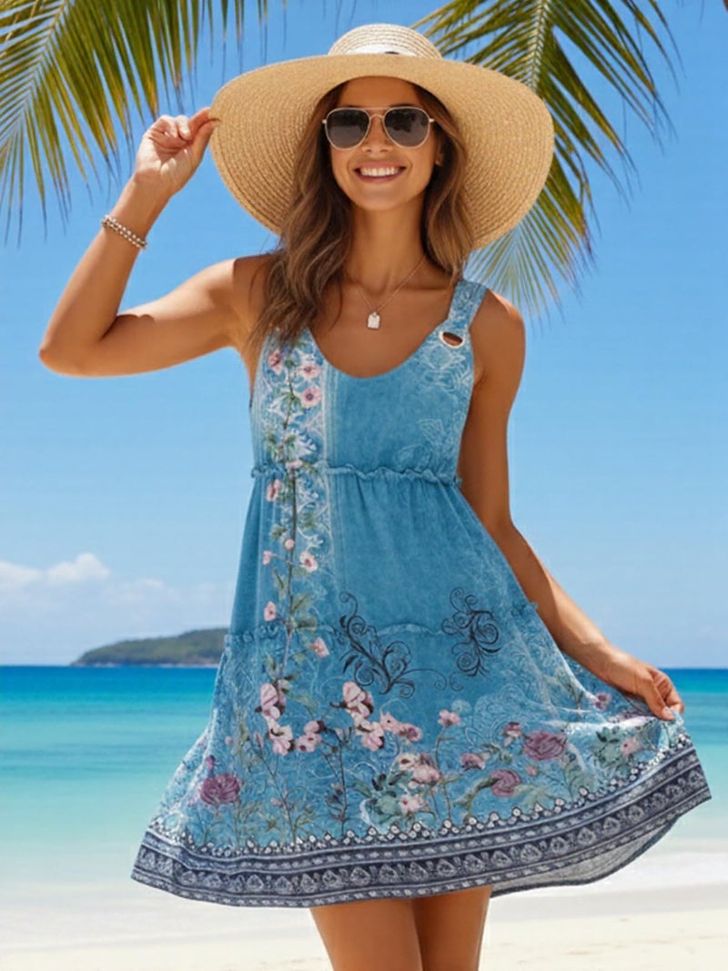 ETCYY Sundresses for Women 2026 Vacation Swimsuit Cover Ups Boho Floral Beach Dress T-Shirts Tank Dresses,Floral Blue,Large - Image 4