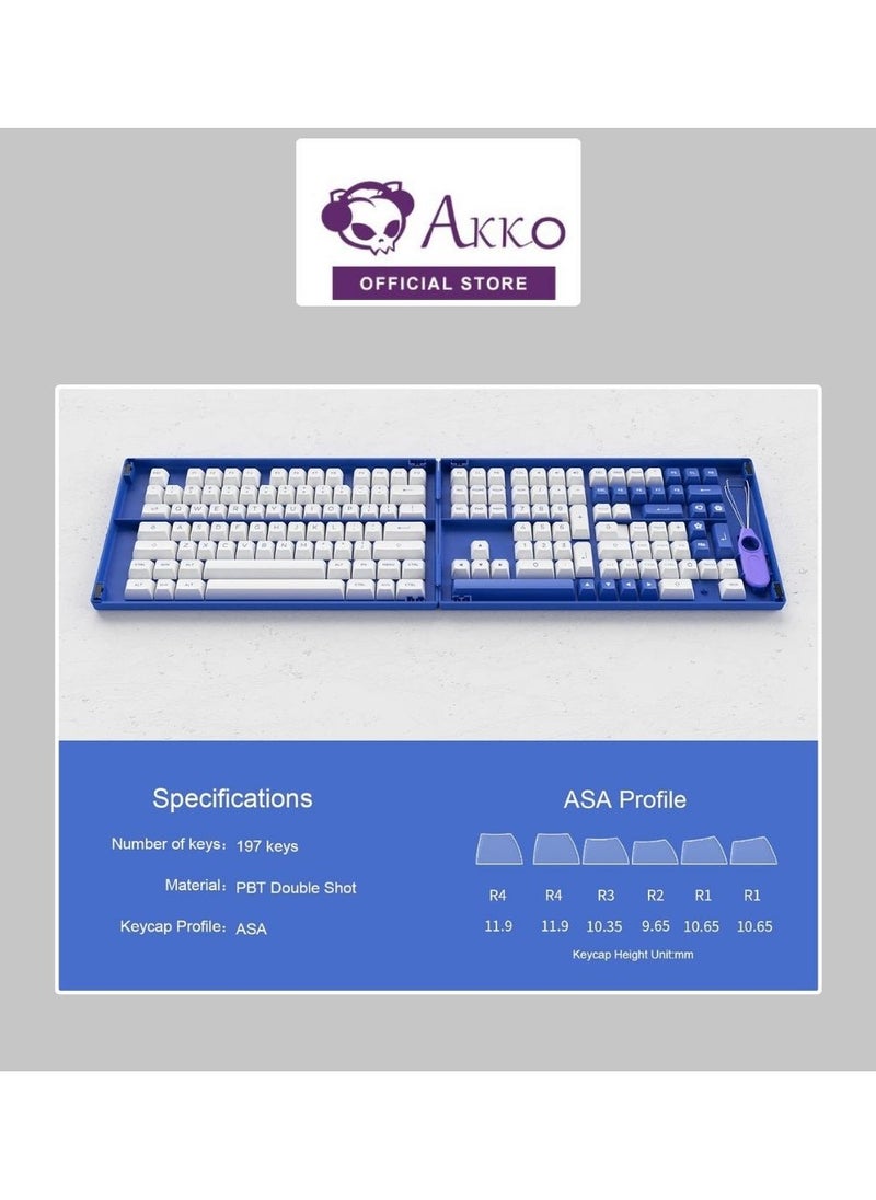 AKKO - مجموعة أغطية مفاتيح Akko Blue on White ASA Profile PBT Double-Shot ذات 197 مفتاحًا للوحات المفاتيح الميكانيكية مع مفاتيح Mac وISO Enter مع صندوق التجميع - Image 1