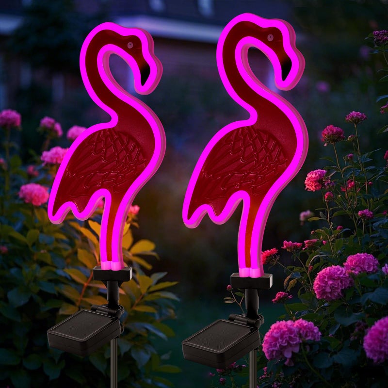 ANGMLN Solar Flamingo Pink Neon Light 2Pack 42 inch Metal Garden Stake Lights Flamingo Gifts for Women Path Lighting for Yard Lawn Patio Walkway Decor