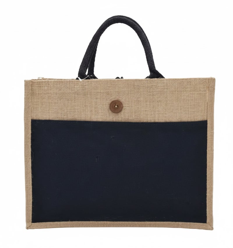 12 PIECES - Jute Shopping Tote Bag with Cotton Pocket,Two-Tone Button Closure (NATURAL JUTE/BLACK CANVAS WITH BOTTON) 41 X 33 X 15 - Image 1