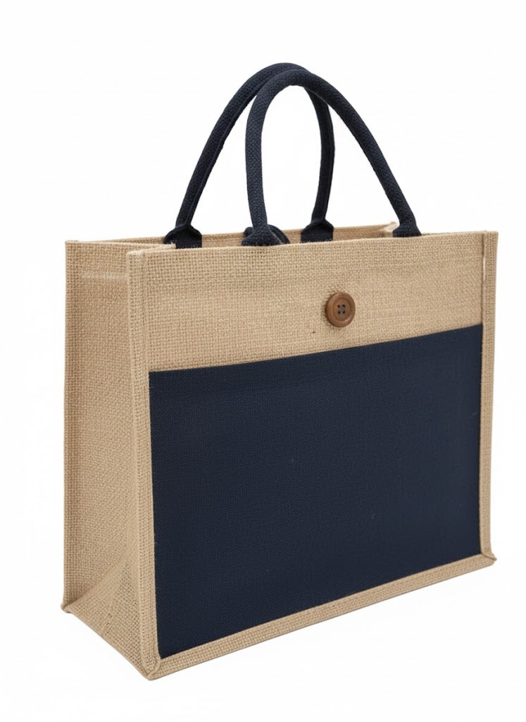 12 PIECES - Jute Shopping Tote Bag with Cotton Pocket,Two-Tone Button Closure (NATURAL JUTE/BLACK CANVAS WITH BOTTON) 41 X 33 X 15 - Image 2