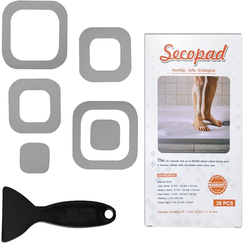Secopad NonSlip Bathtub Stickers 72 PCS Safety Bathroom Tubs Showers Treads Adhesive Decals Scraper Grey