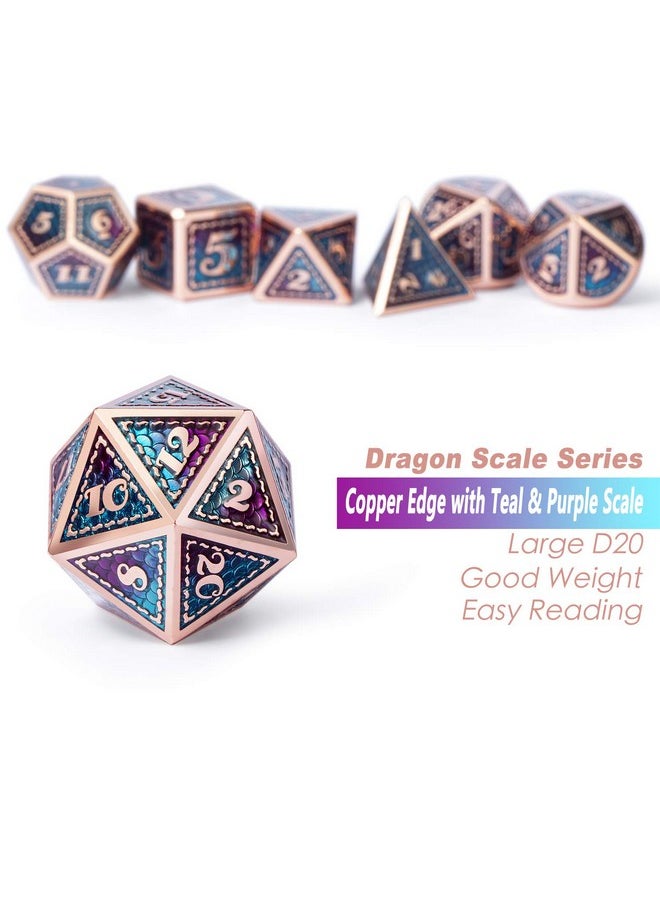 DNDND Metal D&D Dice Set7 Pieces Dragon Scale Metallic D&D Die With Gift Metal Case For Dungeons & Dragon Game (Teal And Purple With Copper Edge)  - Image 4