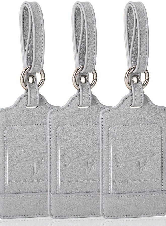Teskyer Luggage Tags, 3 Pack Premium PU Leather Luggage Tags for Suitcases, Privacy Protection Travel Bag Tags, Lichee Gray - Image 1