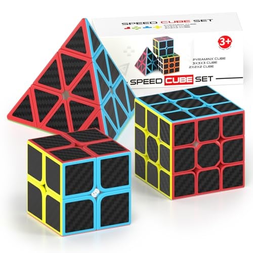 Vdealen Speed Cube Set, 2x2x2 3x3x3 Pyramid Magic Cube Set, Puzzle Cube Toys Birthday Party Christmas Stocking Stuffers Gift for Kids Teens Adults(Carbon Fiber Sticker) - Image 1