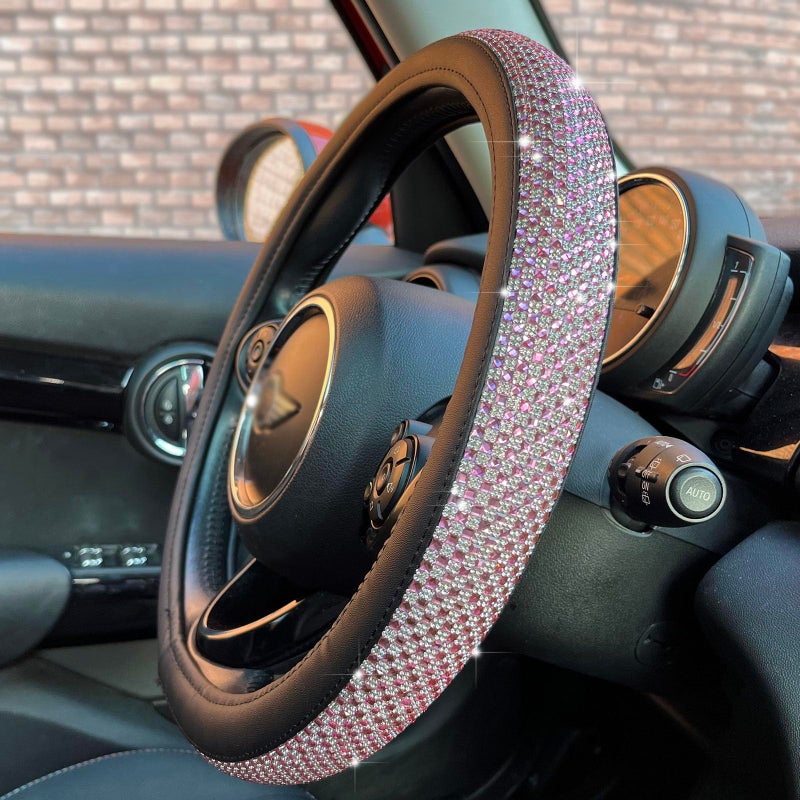 PINCTROT Large Size Bling Comfy Steering Wheel Cover with Jumbo Crystal Rhinestones, Anti-Slip Diamond Leather, 15.5-15.75 Inch (Pink) - Image 1