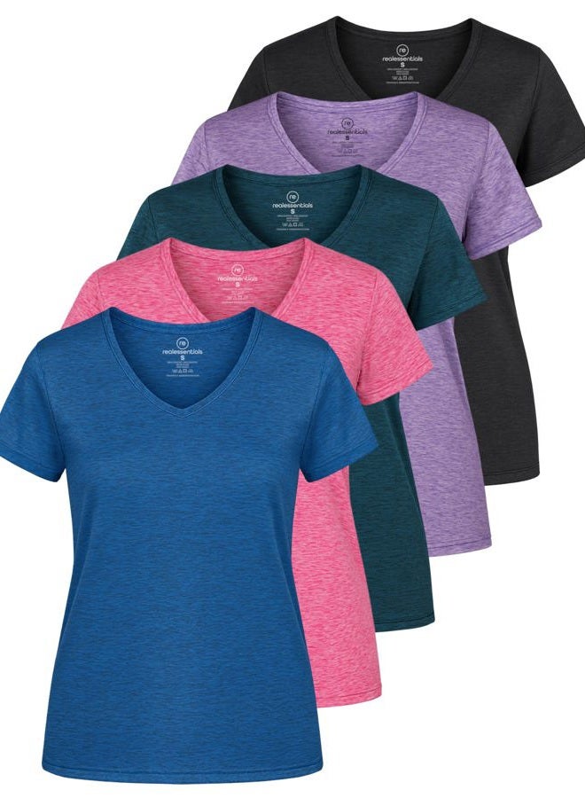 REALESSENTIALS 5-Pack Women's Short Sleeve V-Neck Activewear T-Shirt Dry-Fit Moisture Wicking Perfomance Yoga Top (Available in Plus Size), Set 7, XXL - Image 1