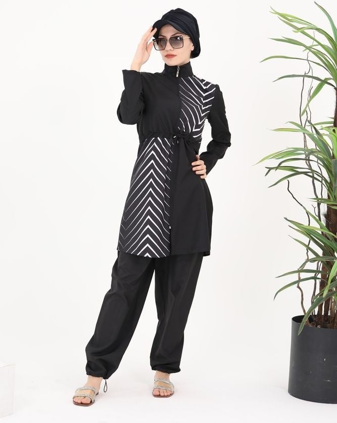NS Tasarım NS Design Elena Fishbone Patterned Design Hijab Parachute Fabric Two Piece Swimsuit Set 363  - Image 1