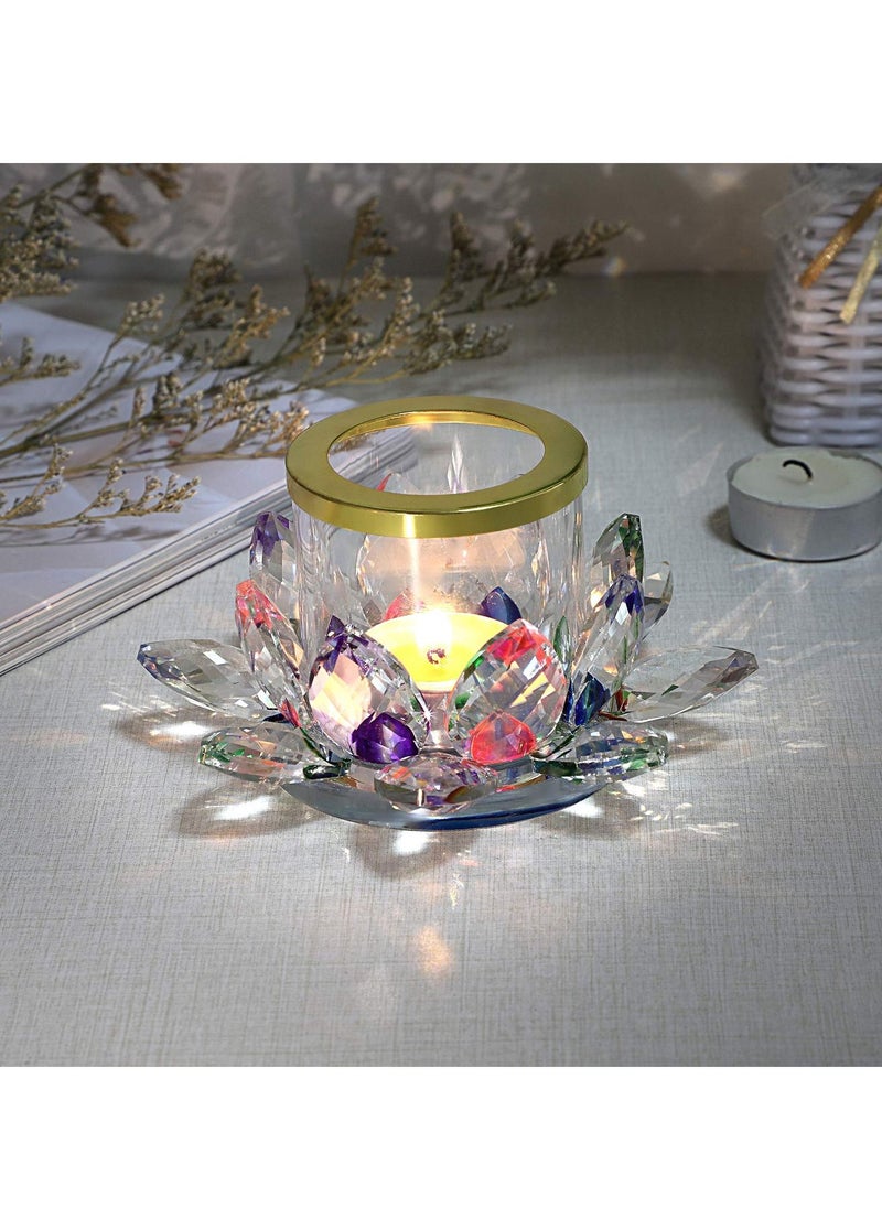KASTWAVE - Colorful Crystal Lotus Tealight Candle Holder Votive Candle Stand with Glass Cover, Glass Lotus Petal Tea Light Holder Lotus Flower Pillar Candle Lamp Candle Centerpiece for Dining Table Altar - Image 1