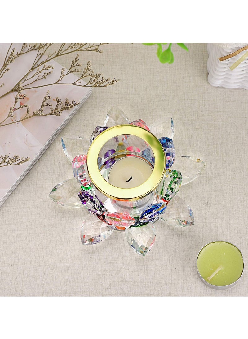 KASTWAVE - Colorful Crystal Lotus Tealight Candle Holder Votive Candle Stand with Glass Cover, Glass Lotus Petal Tea Light Holder Lotus Flower Pillar Candle Lamp Candle Centerpiece for Dining Table Altar - Image 1