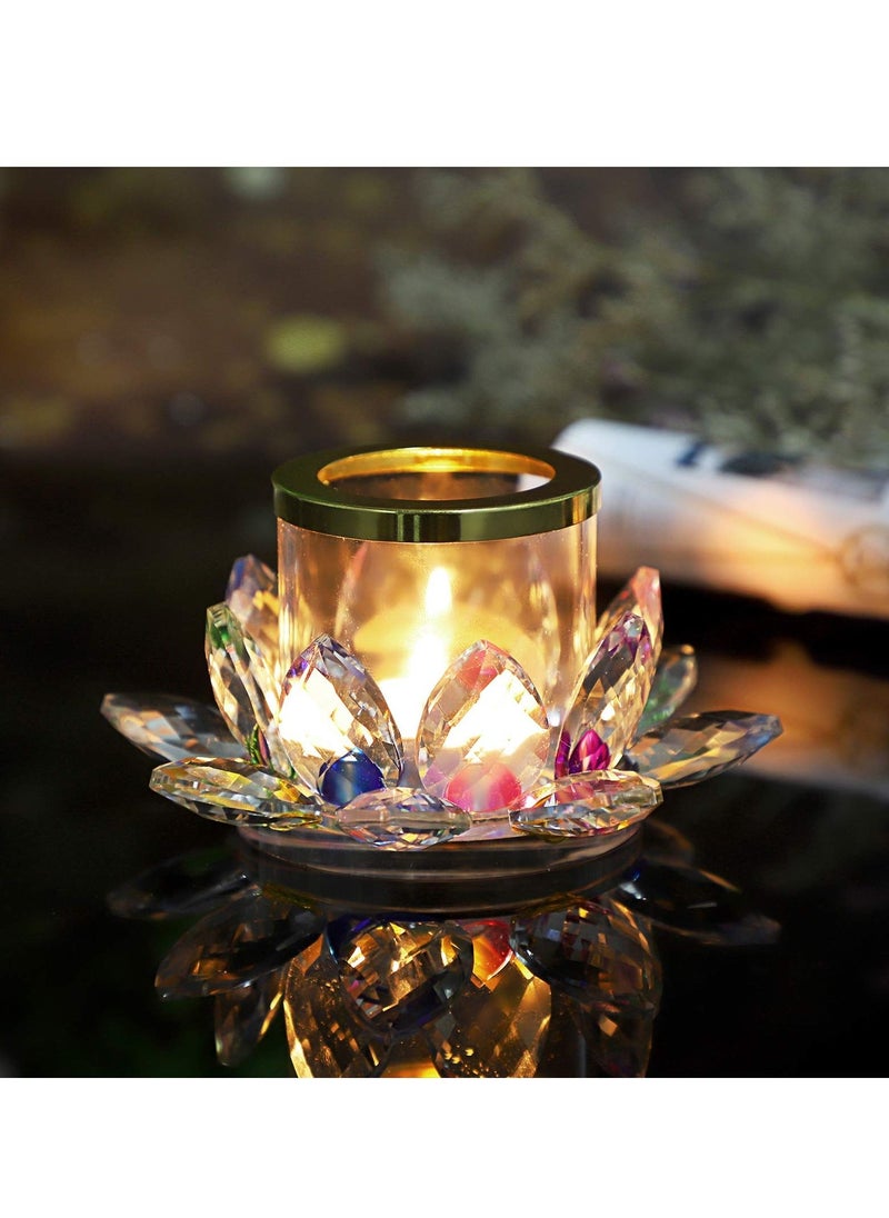 KASTWAVE - Colorful Crystal Lotus Tealight Candle Holder Votive Candle Stand with Glass Cover, Glass Lotus Petal Tea Light Holder Lotus Flower Pillar Candle Lamp Candle Centerpiece for Dining Table Altar - Image 1