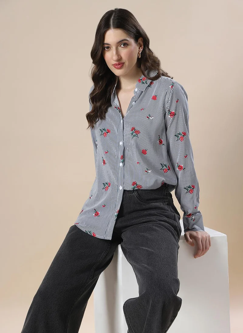 جلو باص Globus Women Blue Striped Floral Print Spread Collar Cuffed Sleeves Relaxed Fit Workwear Shirt