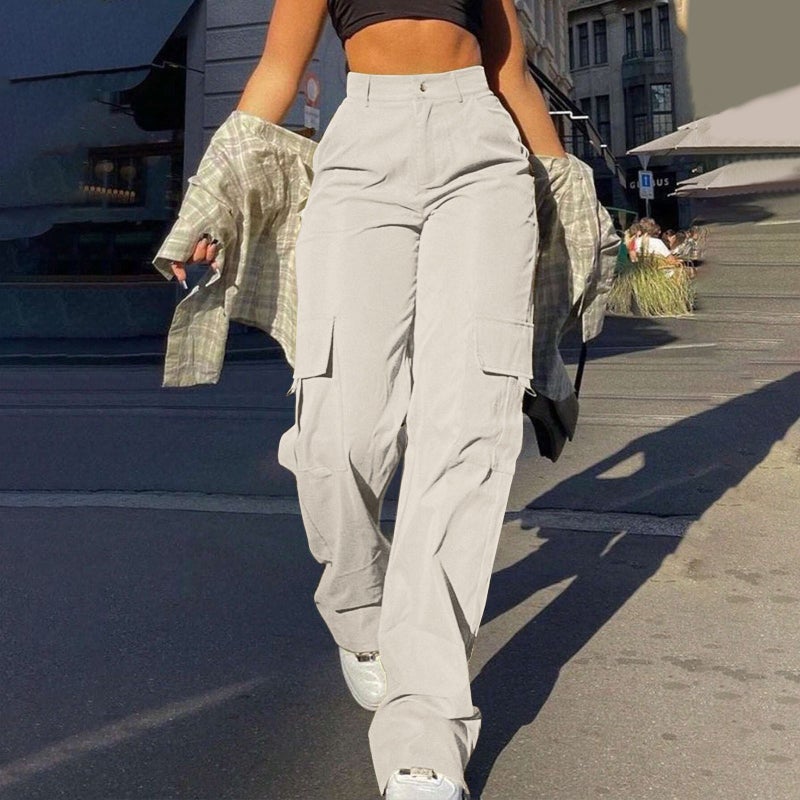 Women's Street Style Multi-Pocket Cargo Straight Leg Pants High Waist Loose Fit Trousers