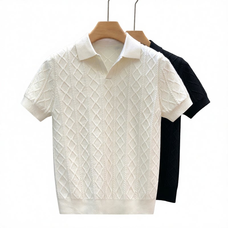 Men's Textured Knit Polo Shirt Short Sleeve V-Neck Slim Fit Business T-Shirt - Image 1