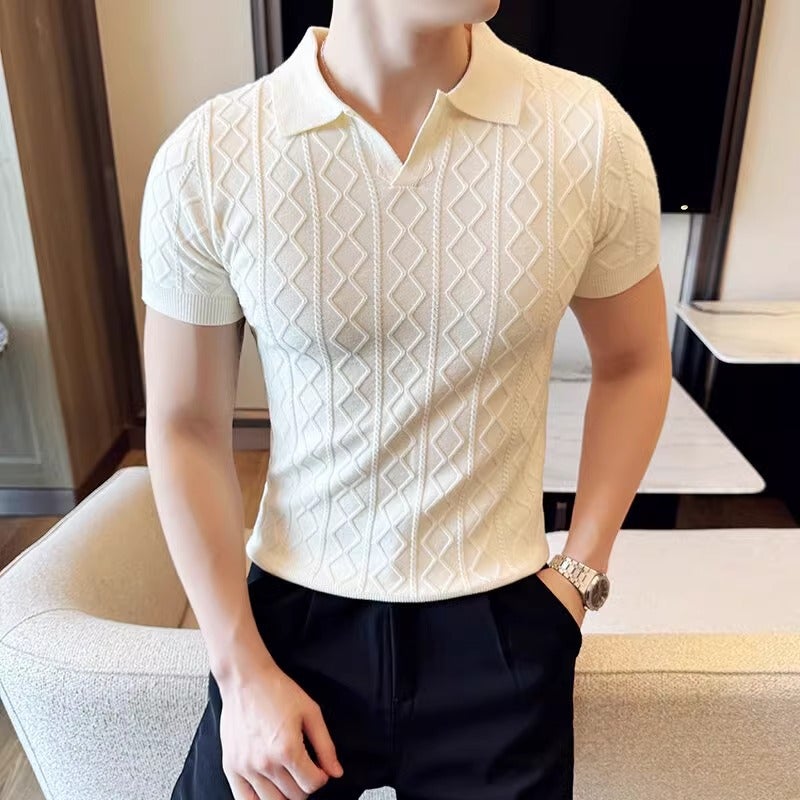 Men's Textured Knit Polo Shirt Short Sleeve V-Neck Slim Fit Business T-Shirt - Image 2