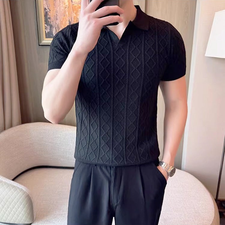 Men's Textured Knit Polo Shirt Short Sleeve V-Neck Slim Fit Business T-Shirt - Image 3