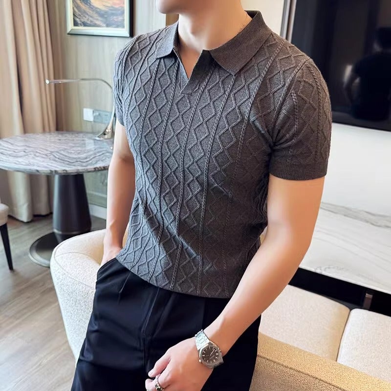 Men's Textured Knit Polo Shirt Short Sleeve V-Neck Slim Fit Business T-Shirt - Image 4