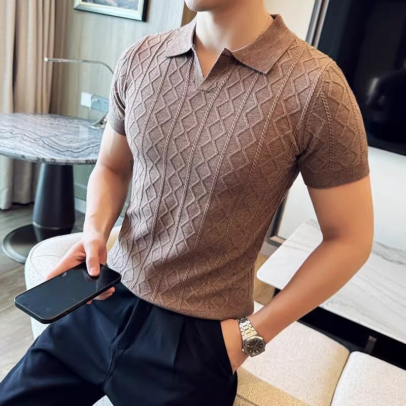Men's Textured Knit Polo Shirt Short Sleeve V-Neck Slim Fit Business T-Shirt - Image 5