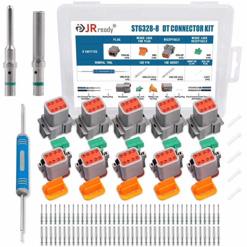 طقم موصلات JRready Deutsch DT 8 دبوس مع جهات اتصال صلبة بحجم 16 1420AWG ST63288 موصل DT مقاوم للماء 8 دبوس 5 مجموعات وأداة إزالة دبوس Deutsch DRKRT1B مع مشابك تثبيت