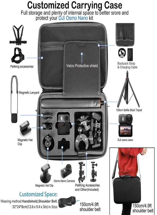 PellKing Accessories Kit for DJI Osmo Nano,Included Carrying Case with Belt,2 Pcs Metal 1/4" Adapter,Handlebar Clamp,Magnetic Mount,43in Selfie Stick,Chest Strap,Head Strap,Backpack Mount - Image 3