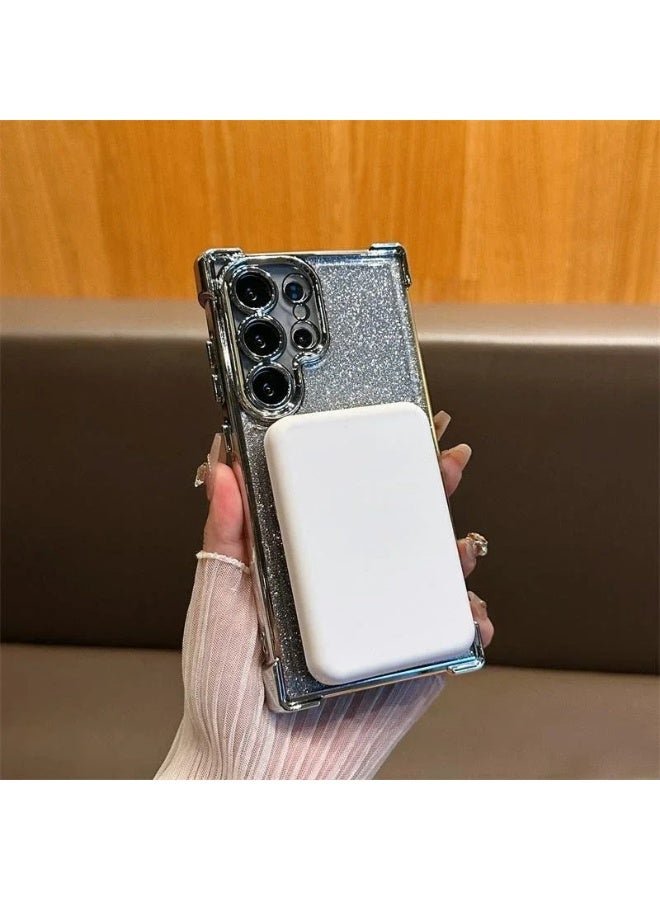 جيناو غطاء فاخر لسامسونج جلاكسي إس 25 ألترا: حامل حلقة ماج سيف (MagSafe) + إطار مطلي متلألئ مع حماية مضادة للصدمات بوسائد هوائية - غطاء خلفي شفاف كريستالي (بلمعة فضية) - Image 3