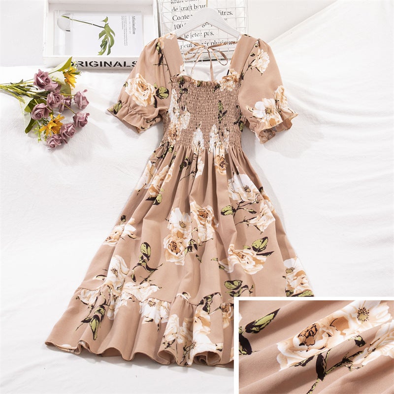 French Design Floral Midi Dress Summer Khaki Snow Lotus 