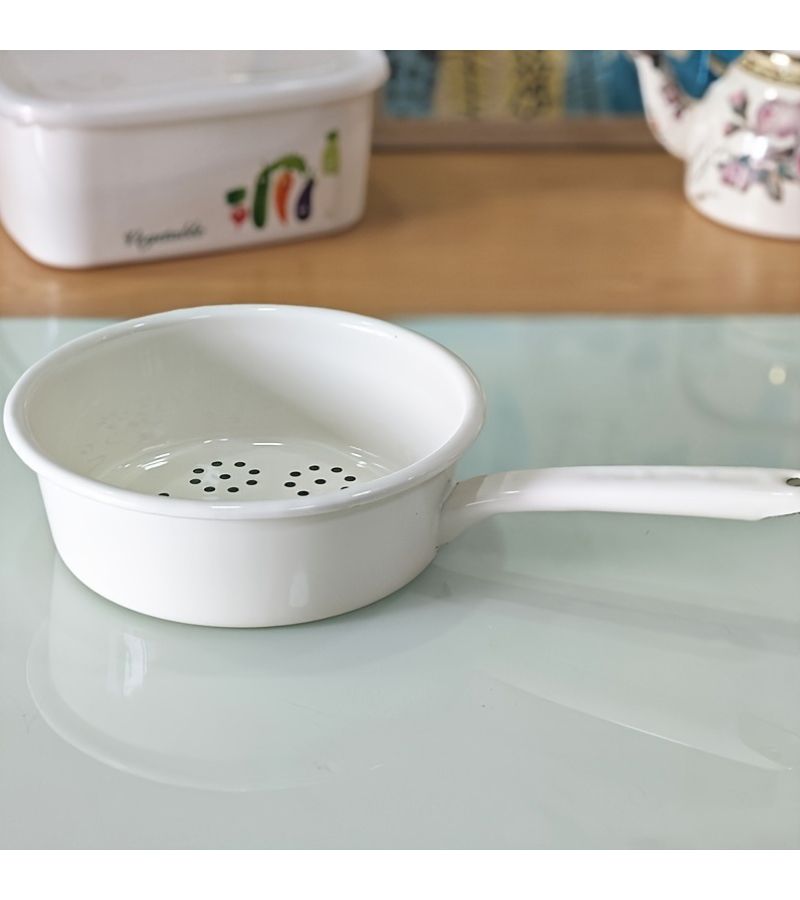 White Large Enamel Slotted Spoon Multifunctional for Draining Noodles - Image 4