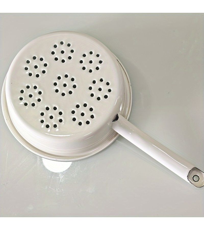 White Large Enamel Slotted Spoon Multifunctional for Draining Noodles - Image 3