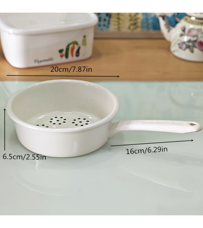 White Large Enamel Slotted Spoon Multifunctional for Draining Noodles - Image 2