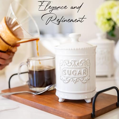 25DOL 35 Ounce Elegant Ceramic Kitchen Canisters Set of 3 Beautifully Engraved Coffee Tea Sugar Storage Containers Airtight with Feet for Added Style and Stability Ceramic Jar with Airtight Lid - Image 3