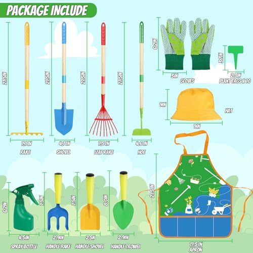 Magic4U Kids Gardening Tools Set 22 Pcs Metal Garden Tools Toys with Apron Gloves Wood Handle Shovel Rake Hoe and Leaf Rake Outdoor Digging Toys Gifts for Kids Age 3 - Image 5