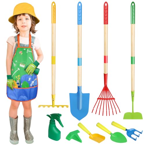 Magic4U Kids Gardening Tools Set 22 Pcs Metal Garden Tools Toys with Apron Gloves Wood Handle Shovel Rake Hoe and Leaf Rake Outdoor Digging Toys Gifts for Kids Age 3 - Image 1