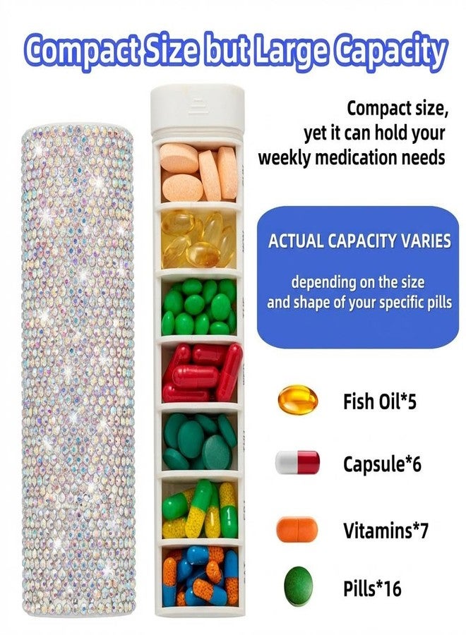 Veseek Pill Case for Purse Bling 7-Day Pill Organizer Weekly Compact Medicine Containers Travel Medication Box Holder for Traveling Women(Colorful - Image 2