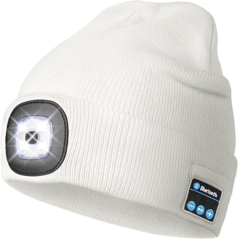 Wmcaps Bluetooth Beanie with a Light, Unisex USB Rechargeable 4 LED Fashlight Hat with Cordless Headphones, Unique Christmas Birthday Gifts for Men Him Husband Teen White - Image 1