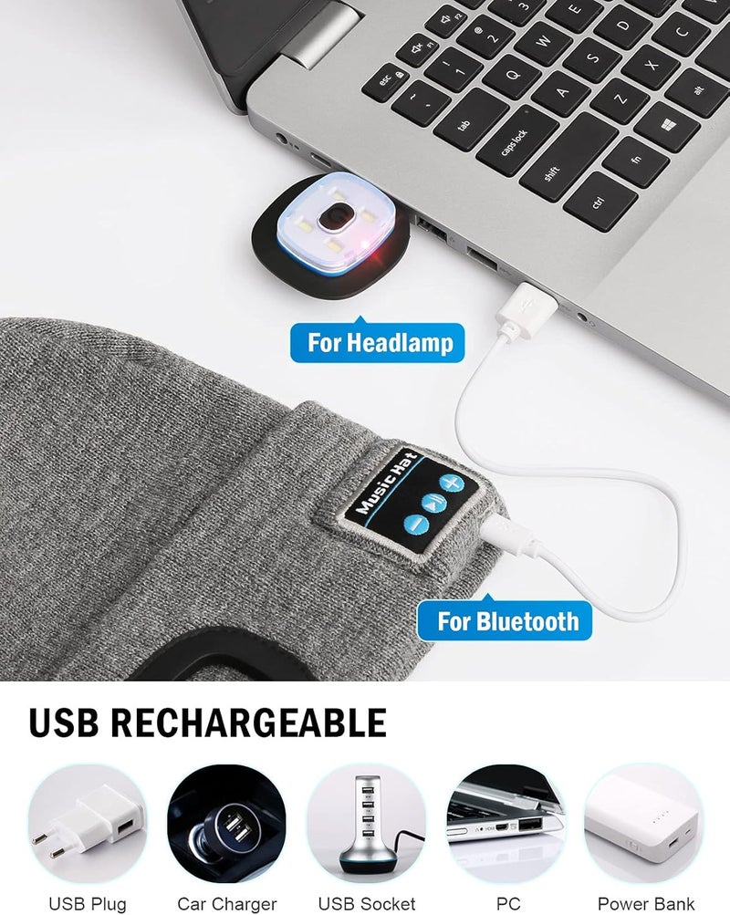 Wmcaps Bluetooth Beanie with a Light, Unisex USB Rechargeable 4 LED Fashlight Hat with Cordless Headphones, Unique Christmas Birthday Gifts for Men Him Husband Teen White - Image 3