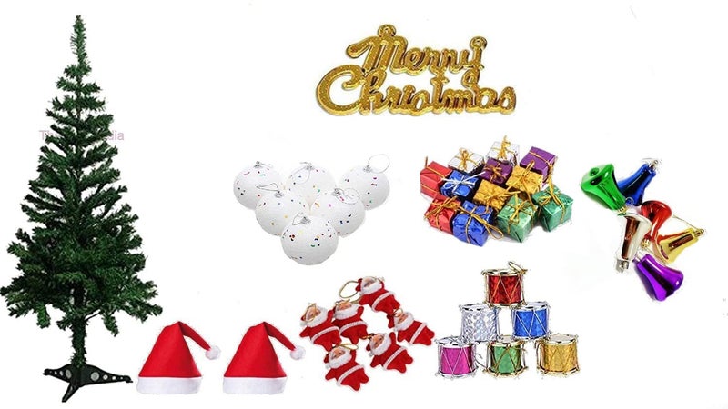 The Click India Christmas Tree Xmas Decorations Item Balls Shanta Clous Bells Gifts Drums Snow Stars Candy Sticks Caps Candy Christmas Tree with Ornaments 1 feet Tree withb 30 oranments 2 caps