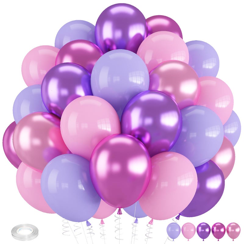 Froova Pink and Purple Balloons 60 PCS 12 Inch Metallic Purple and Pink Latex Balloons for Girls Princess Birthday Baby Shower Wedding Party Decorations - Image 3
