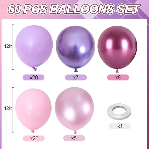 Froova Pink and Purple Balloons 60 PCS 12 Inch Metallic Purple and Pink Latex Balloons for Girls Princess Birthday Baby Shower Wedding Party Decorations - Image 5