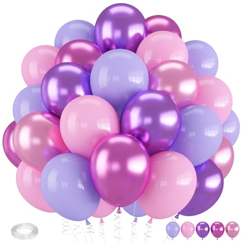 Froova Pink and Purple Balloons 60 PCS 12 Inch Metallic Purple and Pink Latex Balloons for Girls Princess Birthday Baby Shower Wedding Party Decorations - Image 1