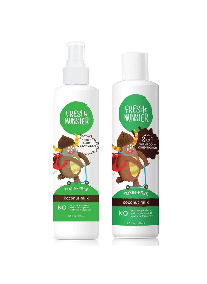 Fresh Monster Kids Hair Detangler Spray & 2In1 Shampoo & Conditioner Combo Toxinfree Hypoallergenic & Natural Coconut (8.5 Oz Detangler & 8.5 Oz 2In1 Shampoo & Conditioner)  - Image 1
