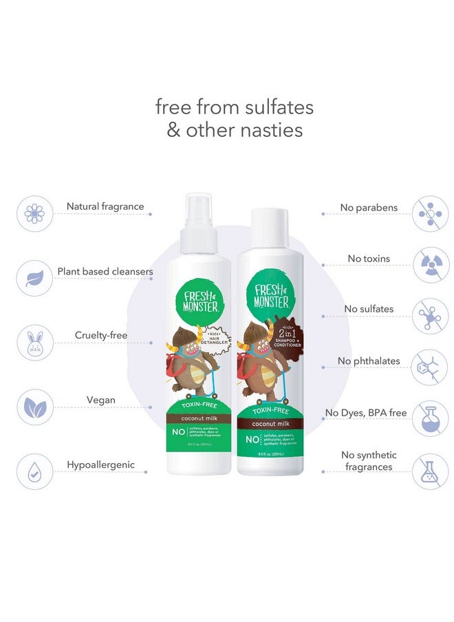 Fresh Monster Kids Hair Detangler Spray & 2In1 Shampoo & Conditioner Combo Toxinfree Hypoallergenic & Natural Coconut (8.5 Oz Detangler & 8.5 Oz 2In1 Shampoo & Conditioner)  - Image 5