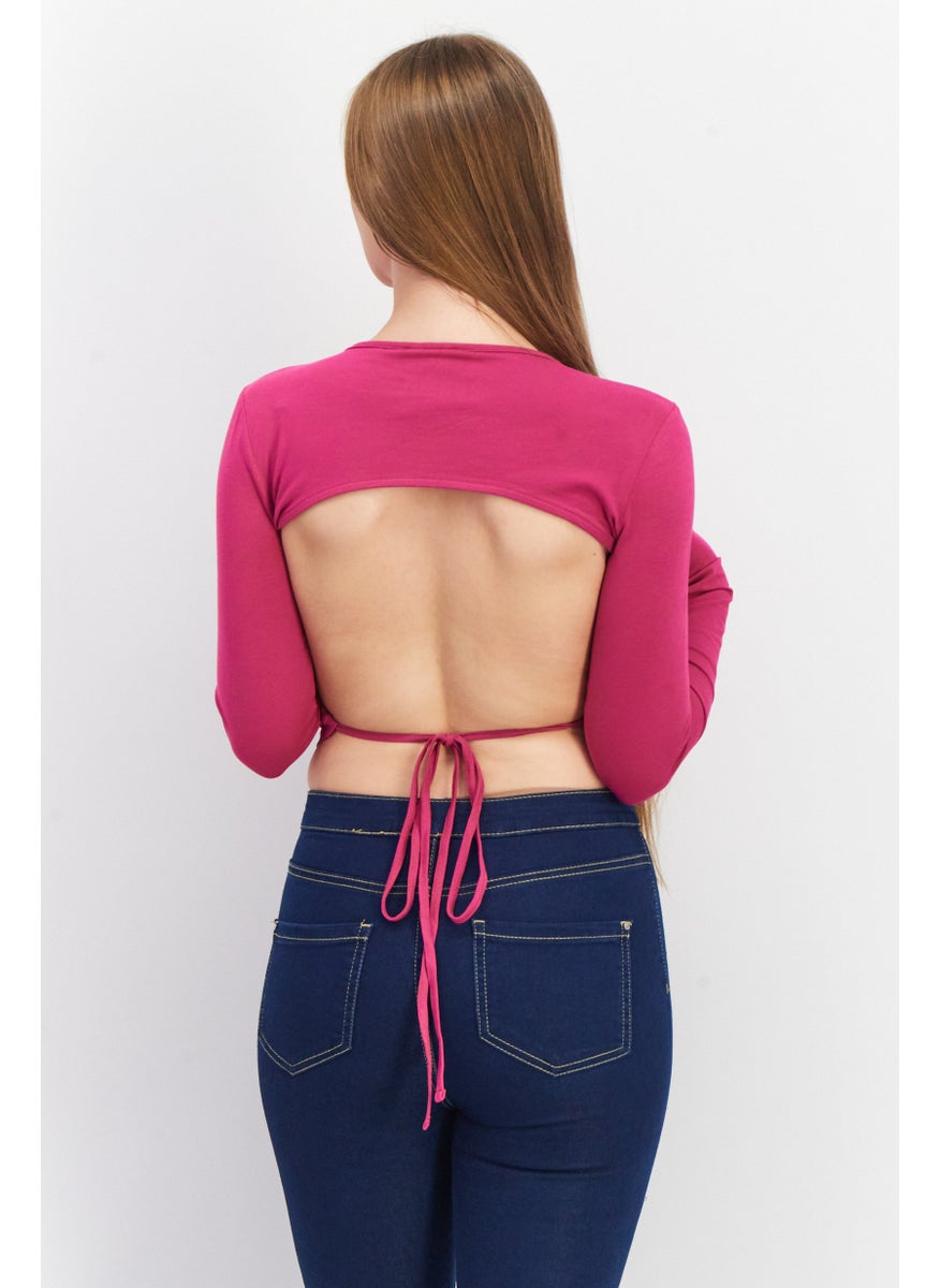 Don't Call Me Jennyfer - Women Round Neck Long Sleeve Plain Tie Back Top, Pink - Image 1