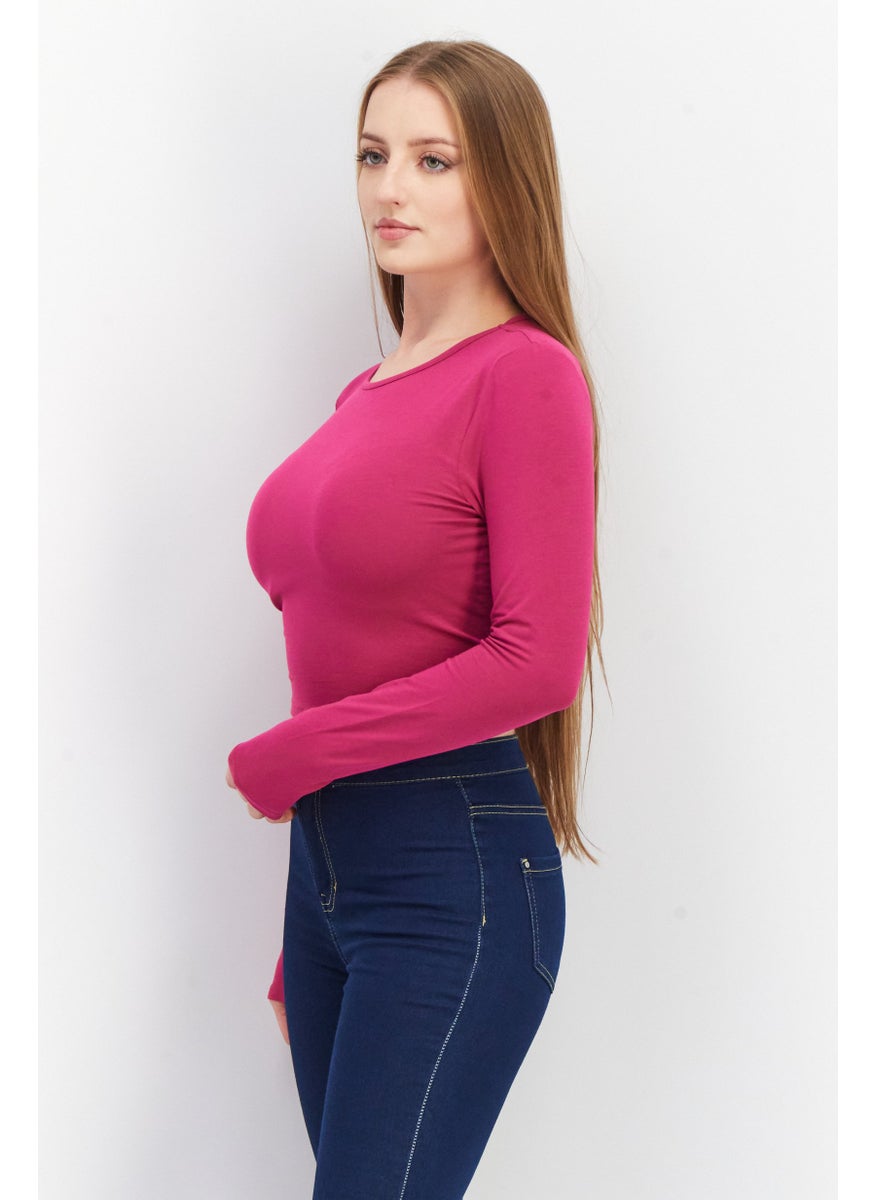Don't Call Me Jennyfer - Women Round Neck Long Sleeve Plain Tie Back Top, Pink - Image 1