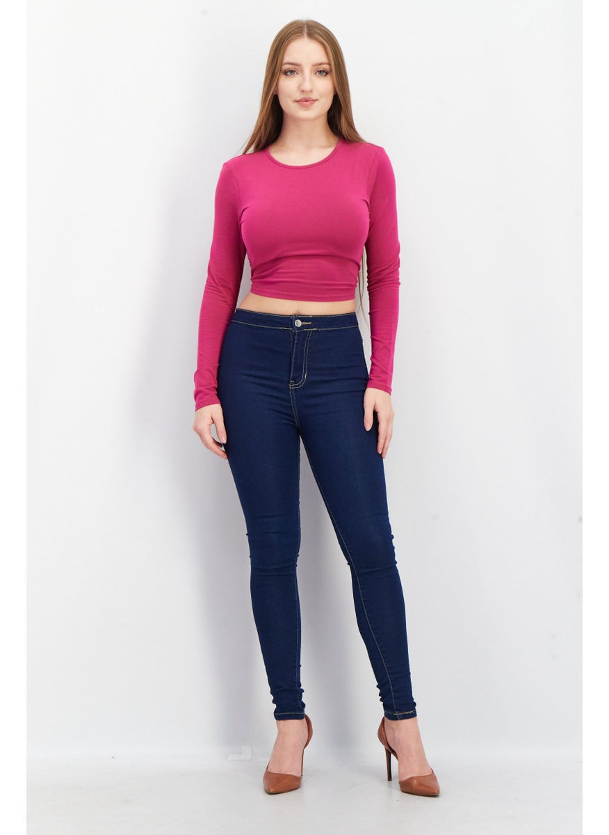 Don't Call Me Jennyfer - Women Round Neck Long Sleeve Plain Tie Back Top, Pink - Image 1