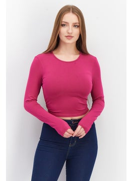 Women Round Neck Long Sleeve Plain Tie Back Top, Pink