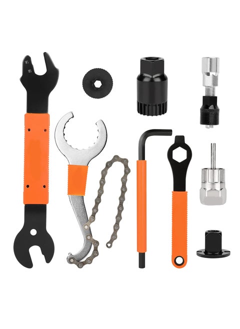 Comprehensive Bike Repair Tool Kit: Includes Crank Removal Tool, 3-in-1 Cassette Removal Tool, Bottom Bracket Remover, Rotor Lock Ring Tool, Pedal Wrench, and Multi-Purpose Utility Tool.
