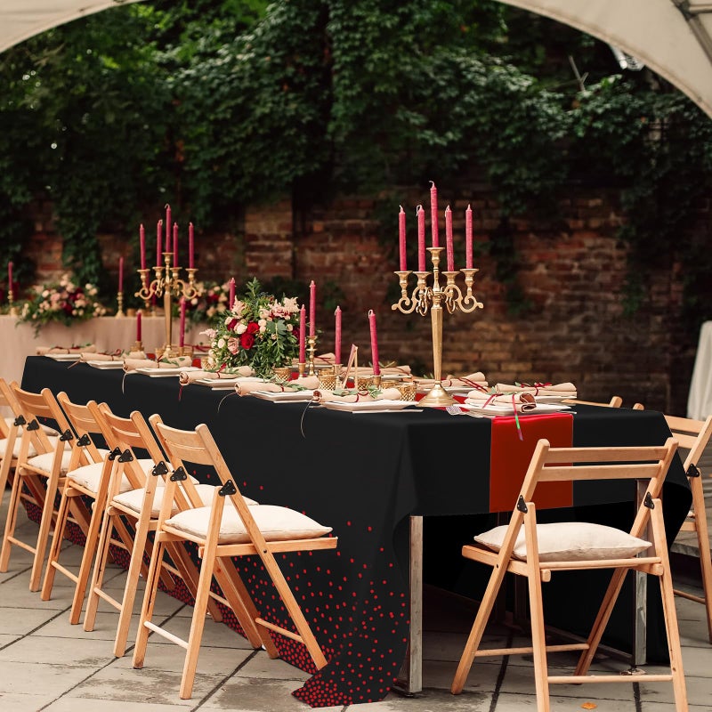 MASHAN 16Pack Disposable Plastic Party Tablecloths and Satin Table Runner Set Black and Red Dot Table Cloth Red Satin Table Runner for Wedding Birthday Baby Shower Anniversary Holiday Party Decorations - Image 5