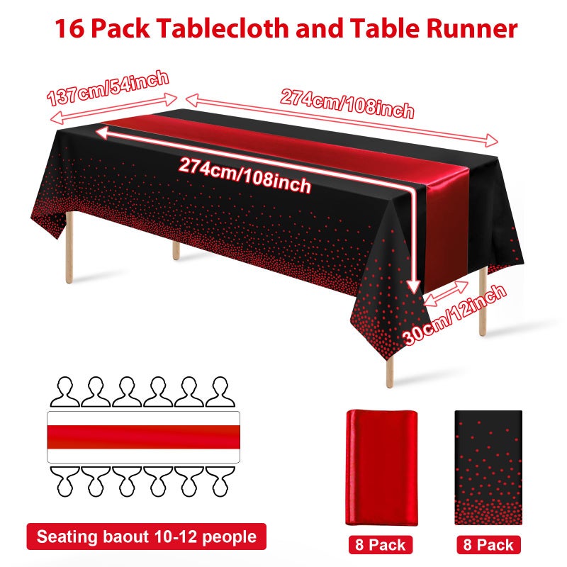 MASHAN 16Pack Disposable Plastic Party Tablecloths and Satin Table Runner Set Black and Red Dot Table Cloth Red Satin Table Runner for Wedding Birthday Baby Shower Anniversary Holiday Party Decorations - Image 2